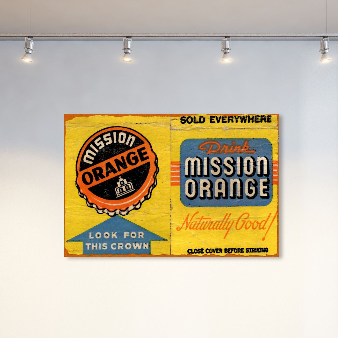 Hanging view of Mission Orange featuring advertising and posters art.