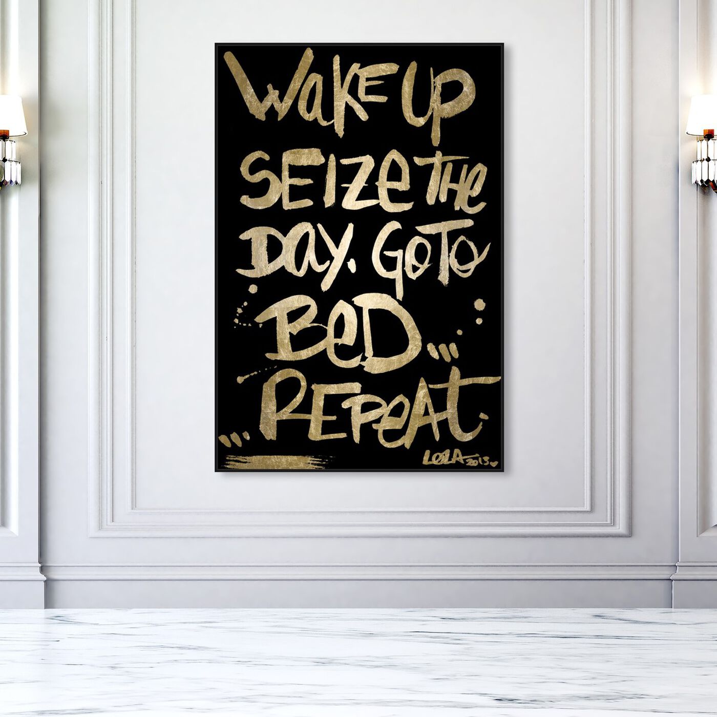 Hanging view of Seize The Day Gold Night featuring typography and quotes and motivational quotes and sayings art.
