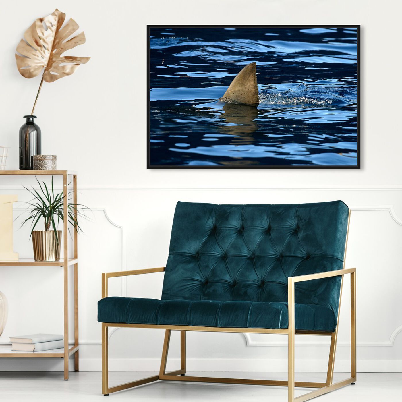 Hanging view of Great Whiteshark, fin, shark fin, oceanShark Fin by David Fleetham featuring nautical and coastal and marine life art.