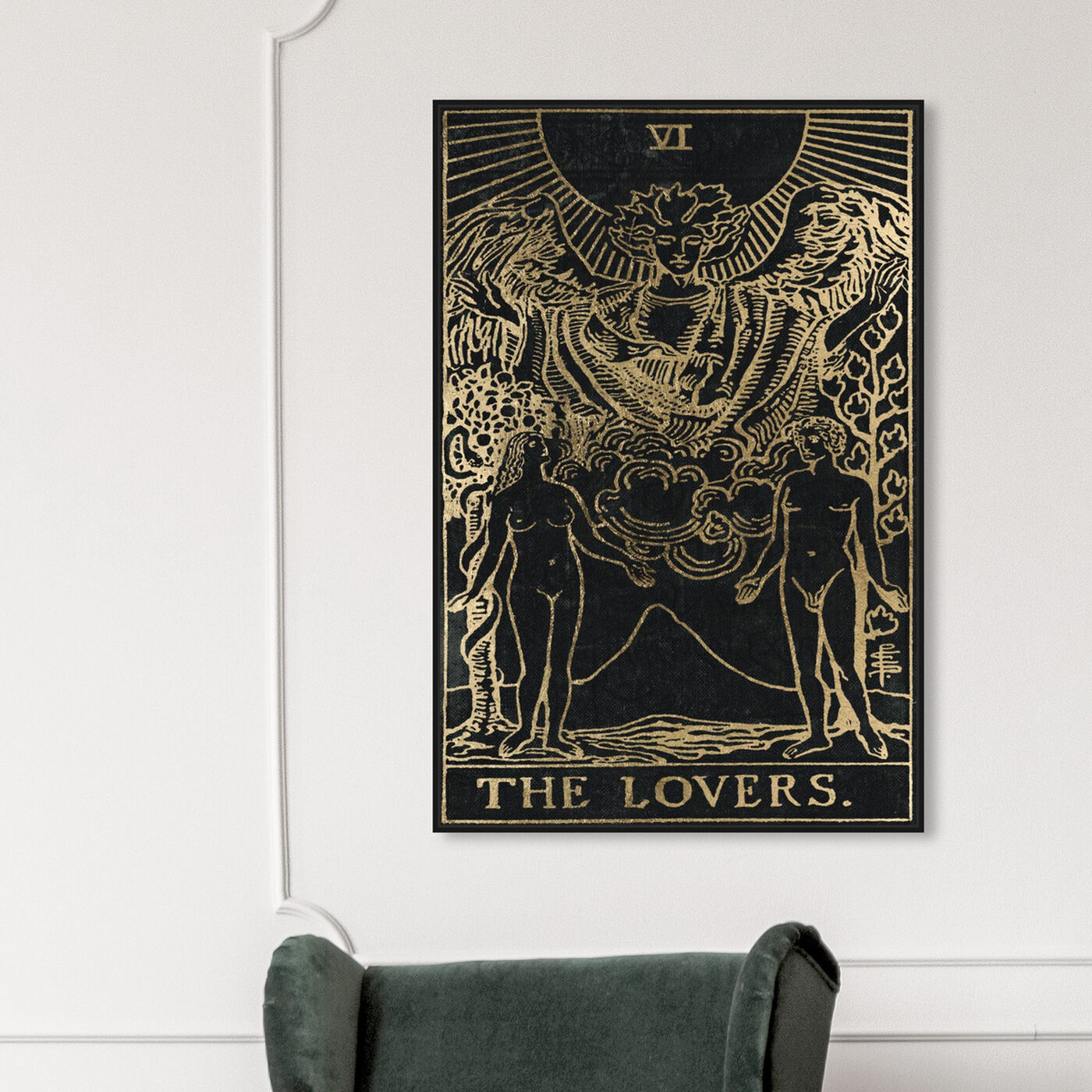 Hanging view of The Lovers Tarot Gold featuring spiritual and religious and zodiac art.