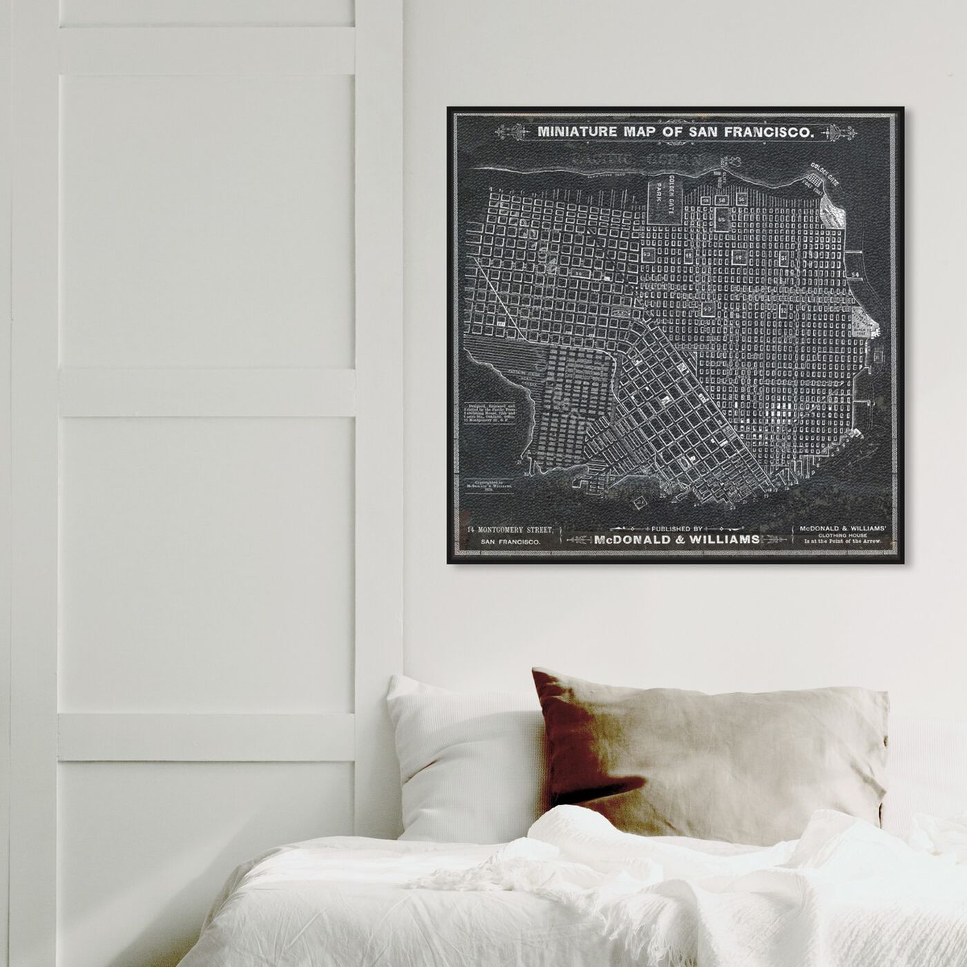 Hanging view of San Francisco Map 1879 featuring maps and flags and us cities maps art.