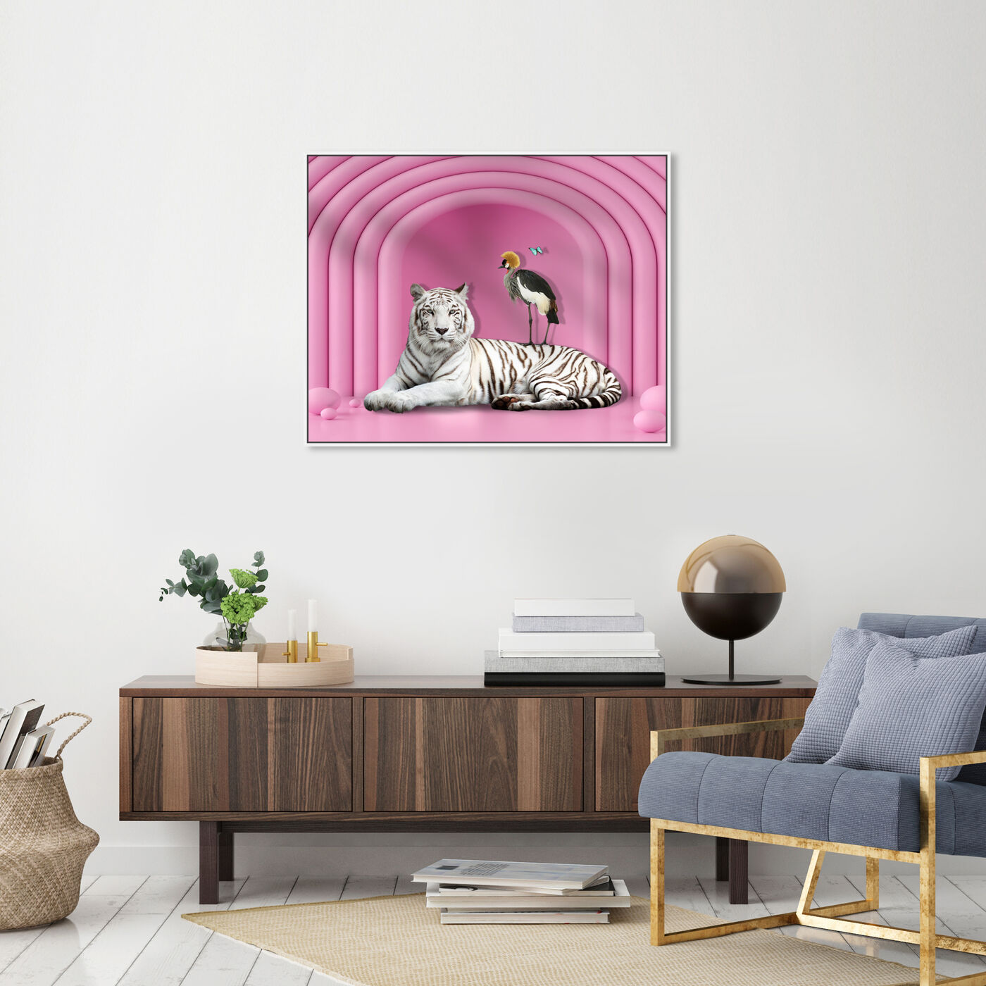 Hanging view of Vibrant Pink Tiger featuring animals and felines art.