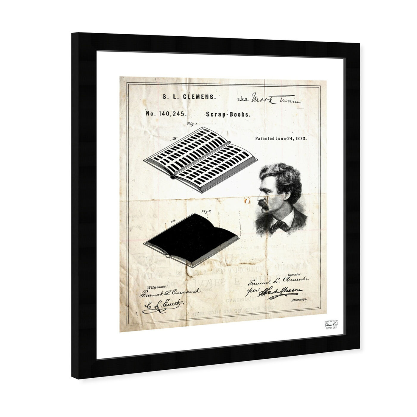 Angled view of Mark Twain's Scrapbook 1873 featuring education and office and scientist art.