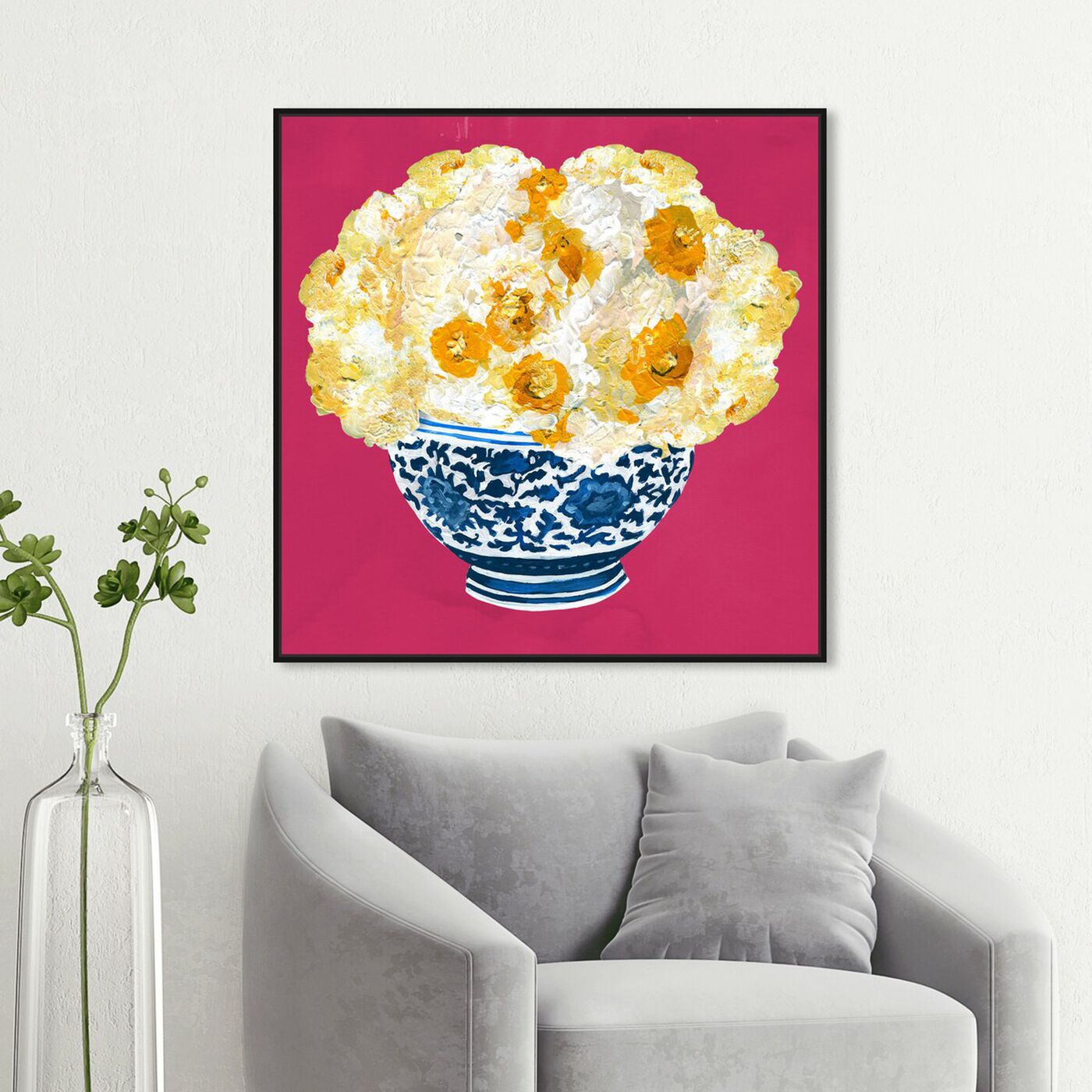 Hanging view of Blue and Yellow Vase Magenta featuring floral and botanical and florals art.