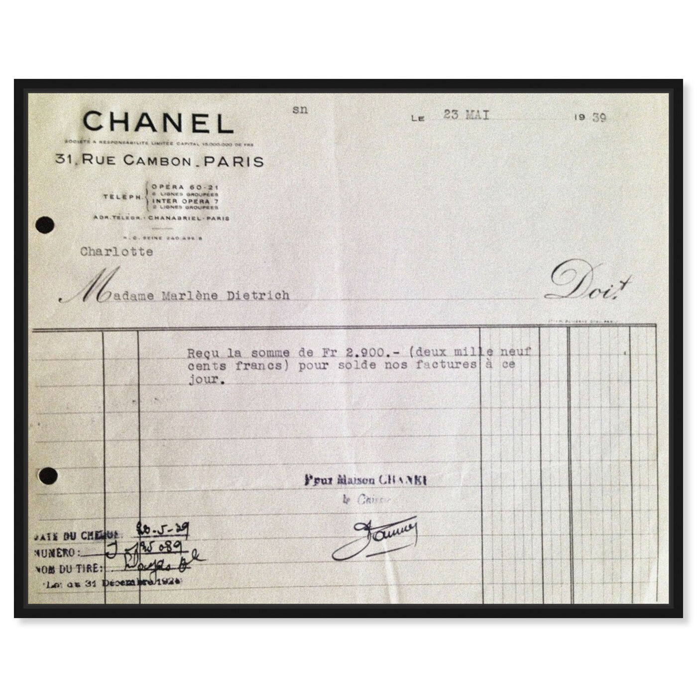 Front view of Marlene Dietrich Receipt featuring fashion and glam and lifestyle art.