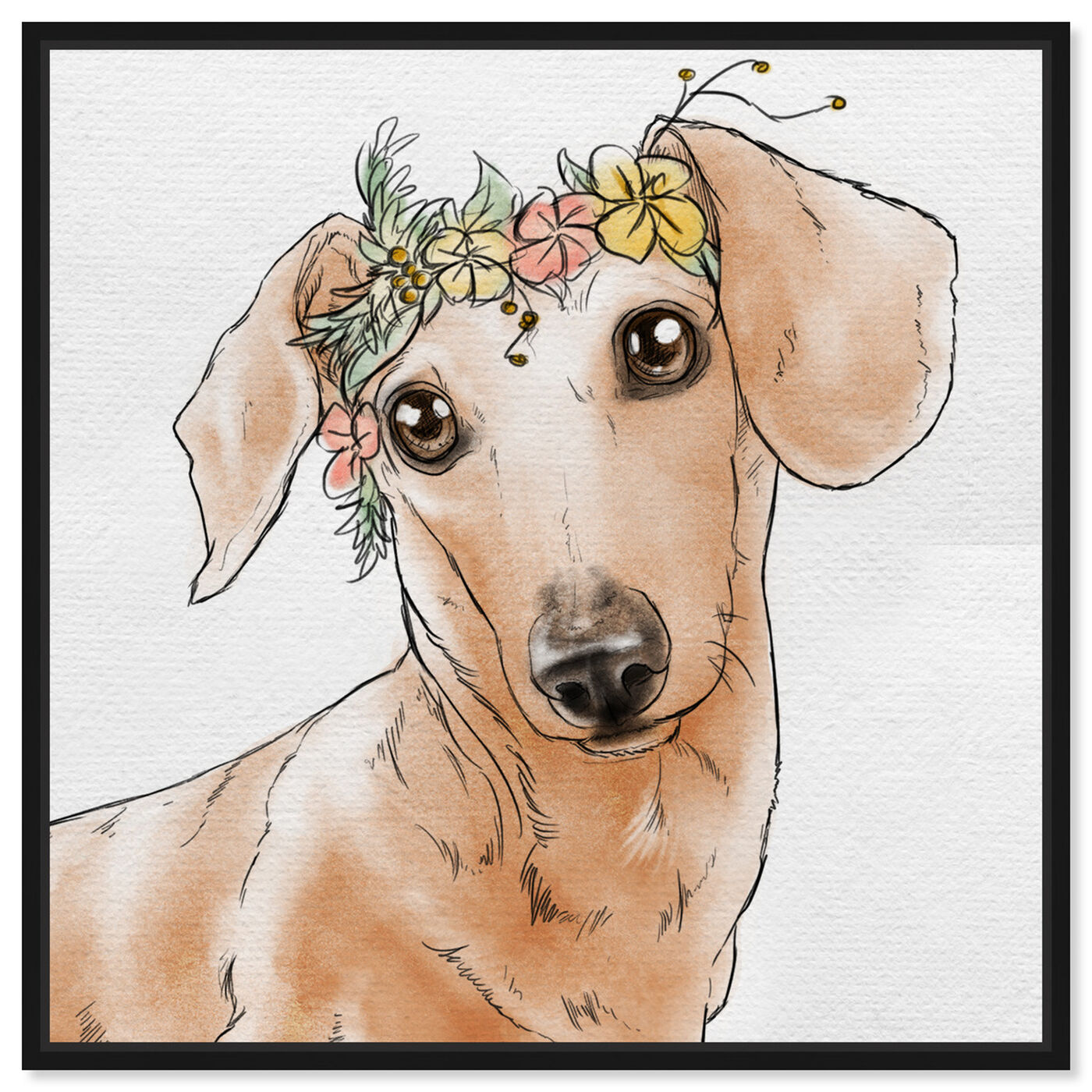 Front view of Floral Crown Dachshund featuring animals and dogs and puppies art.