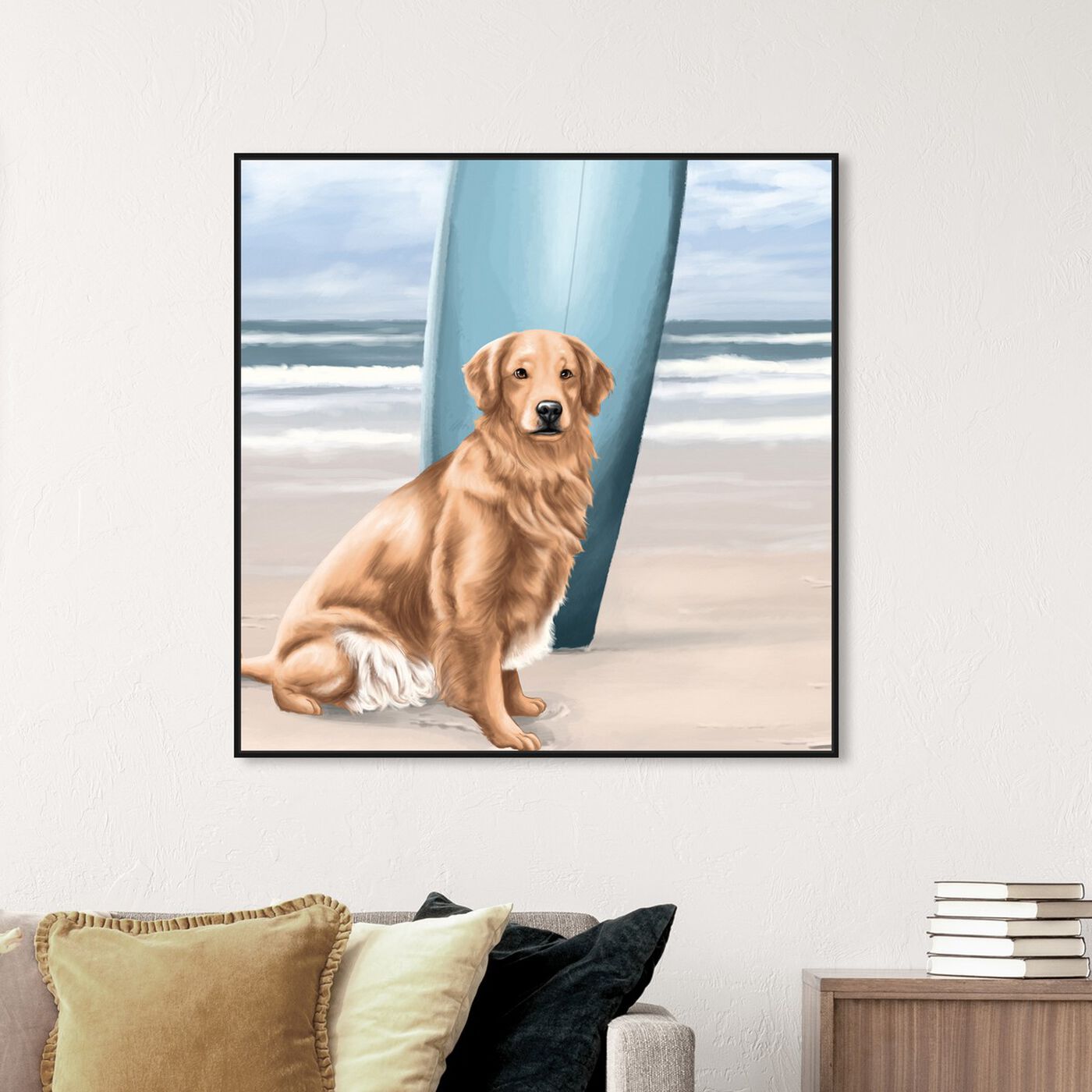 Hanging view of Surfer Golden Retriever featuring animals and dogs and puppies art.