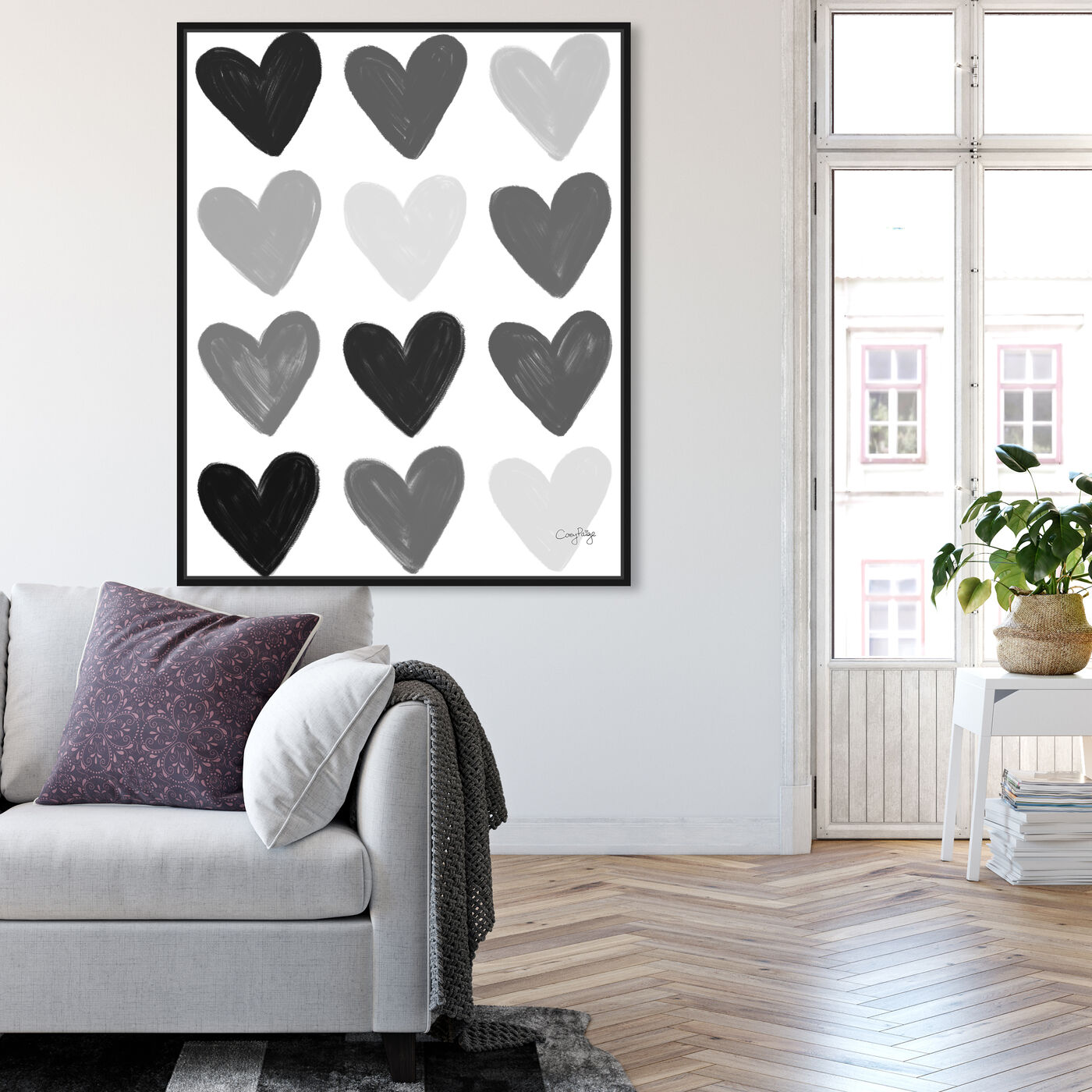 Hanging view of Corey Paige - Gray Painted Hearts featuring fashion and glam and hearts art.
