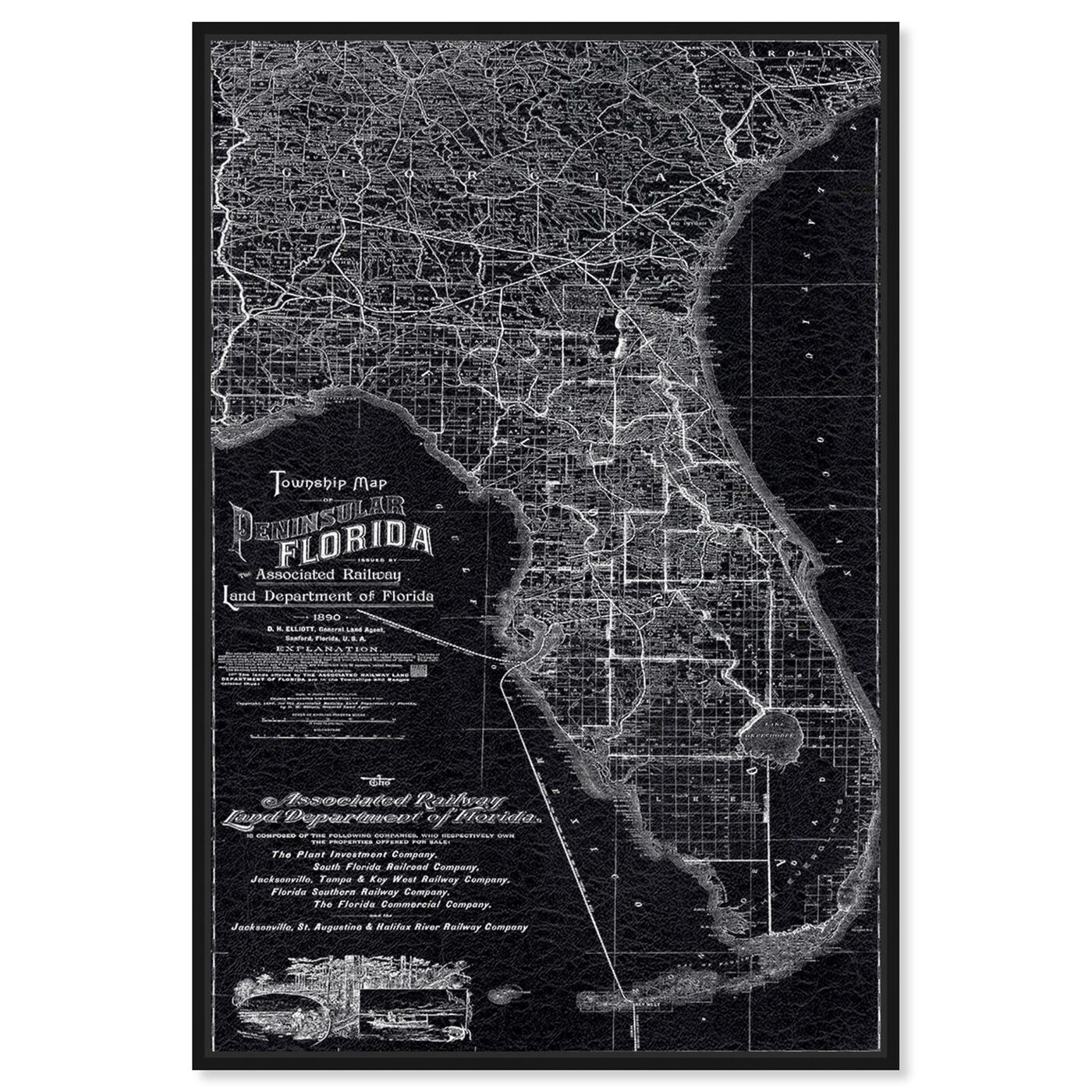 Front view of Florida Map 1890 featuring maps and flags and us states maps art.
