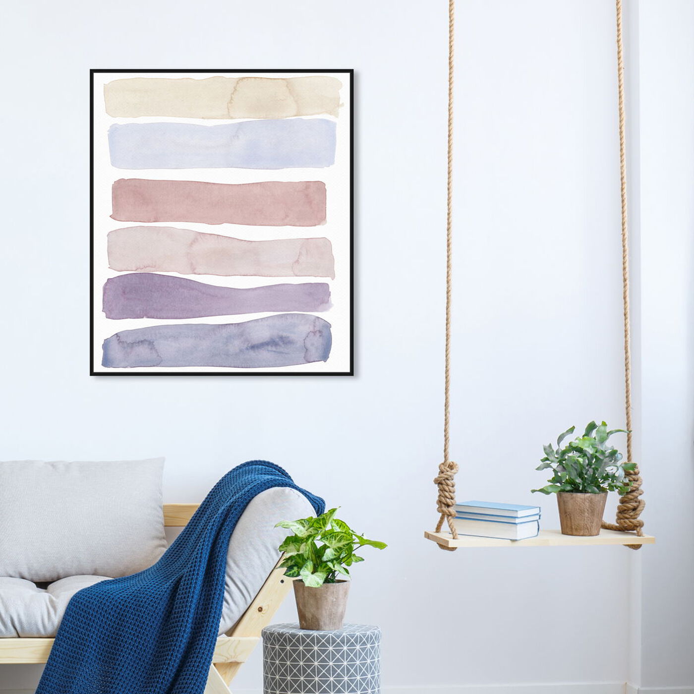 Hanging view of Light Lares featuring abstract and watercolor art.