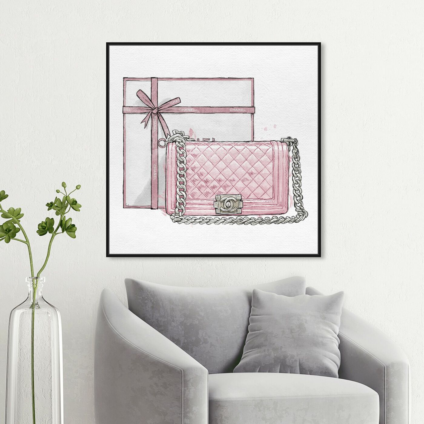 Hanging view of A Boys Bag Blush Shadow Box II featuring fashion and glam and handbags art.