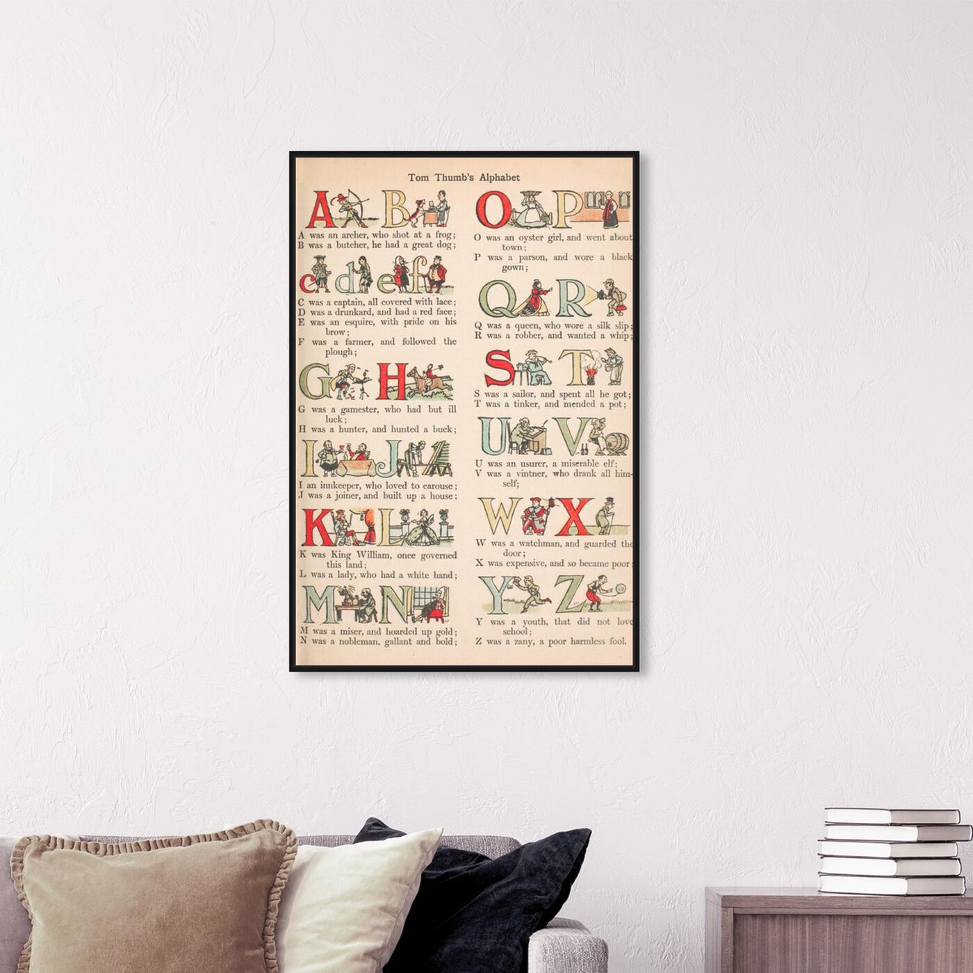 Hanging view of Tom Thumb's Alphabet featuring typography and quotes and letters and calligraphy art.