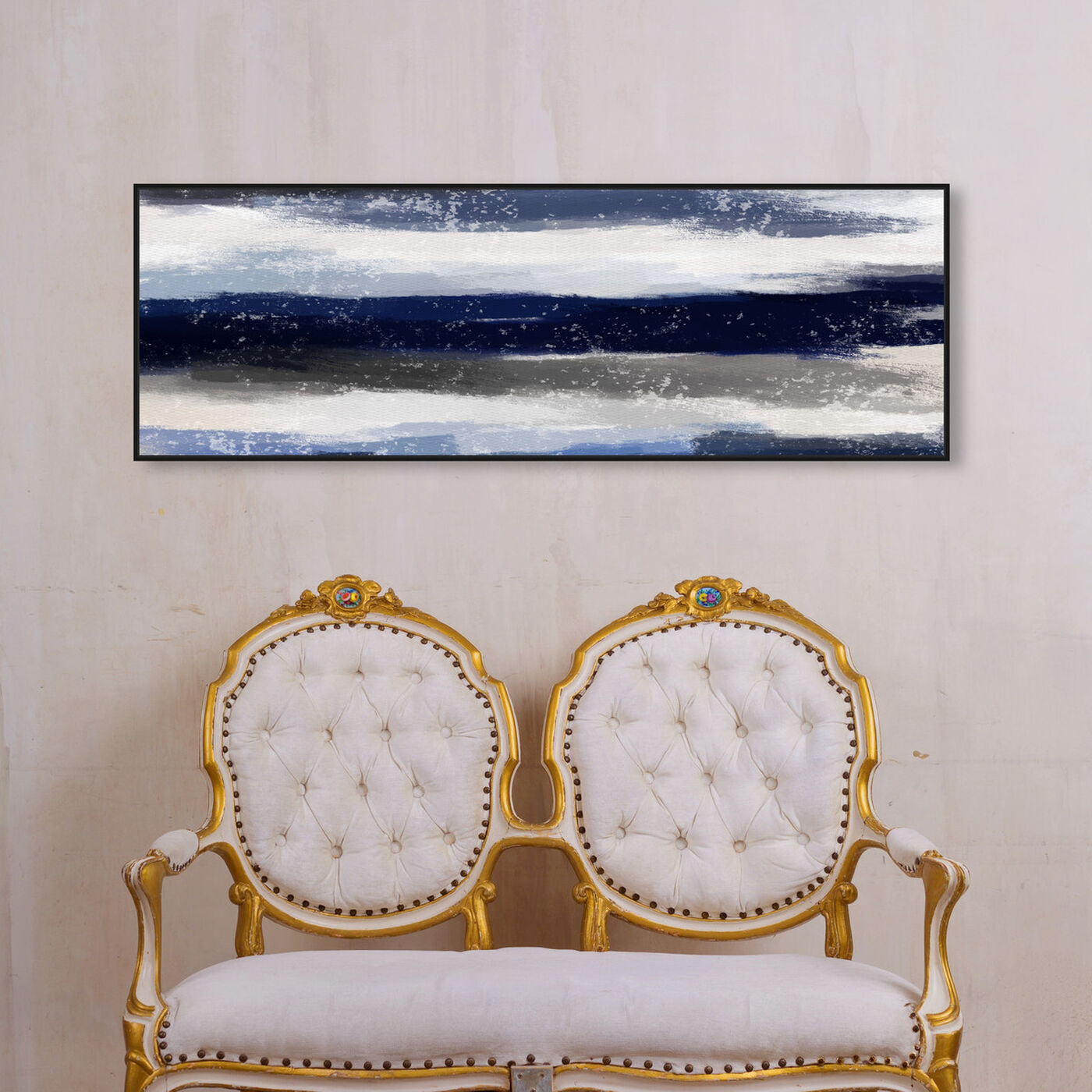 Hanging view of Sapphire Shades Long featuring abstract and watercolor art.