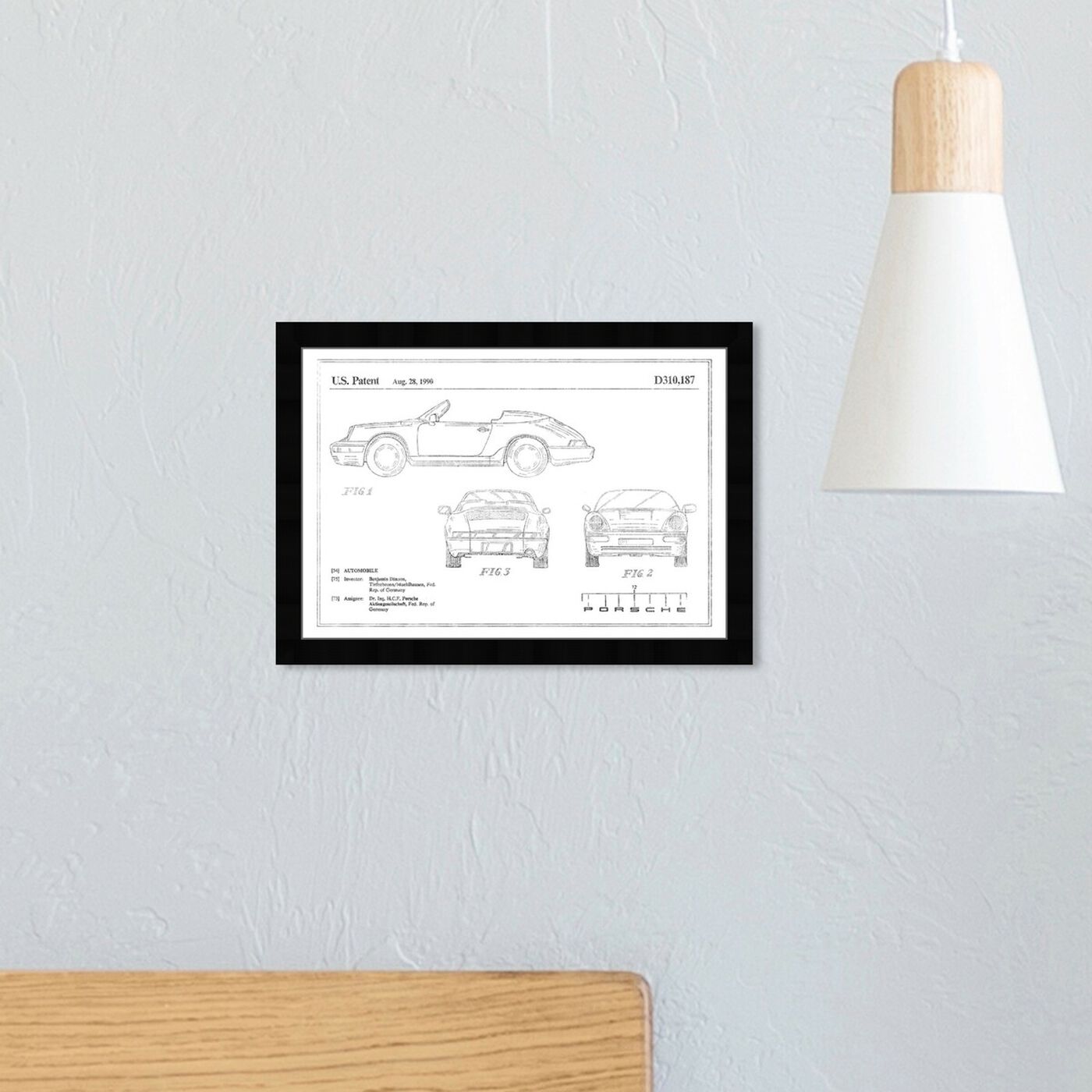 Hanging view of Porsche 911 1990, Silver Foil featuring transportation and automobiles art.