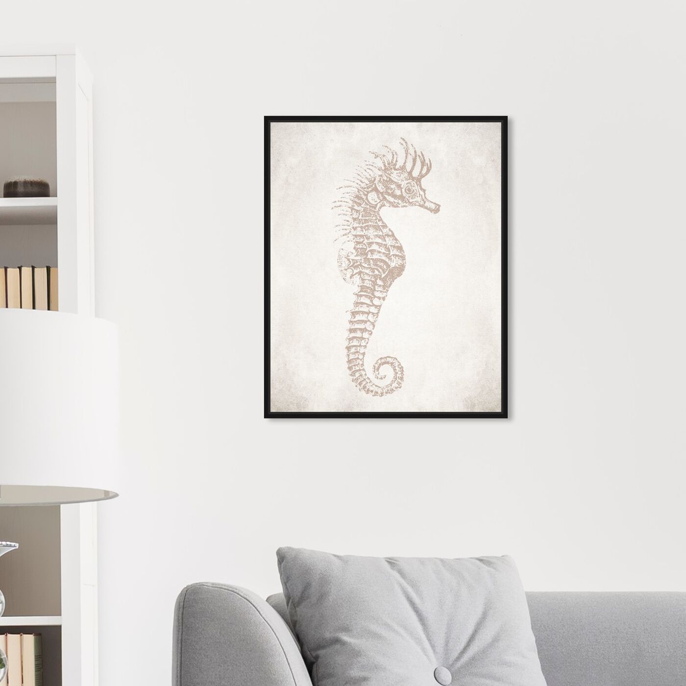 Hanging view of Seahorse Neutral featuring nautical and coastal and marine life art.
