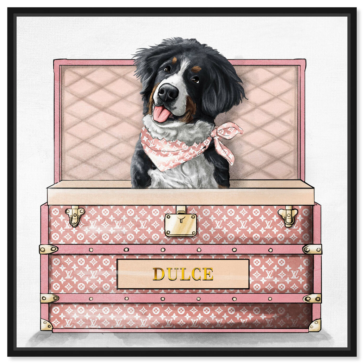 Front view of Pink Luxury Trunk featuring animals and dogs and puppies art.