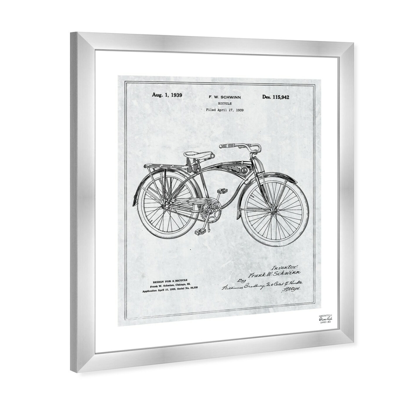Angled view of Schwinn Bicycle 1939 Grey featuring transportation and bicycles art.