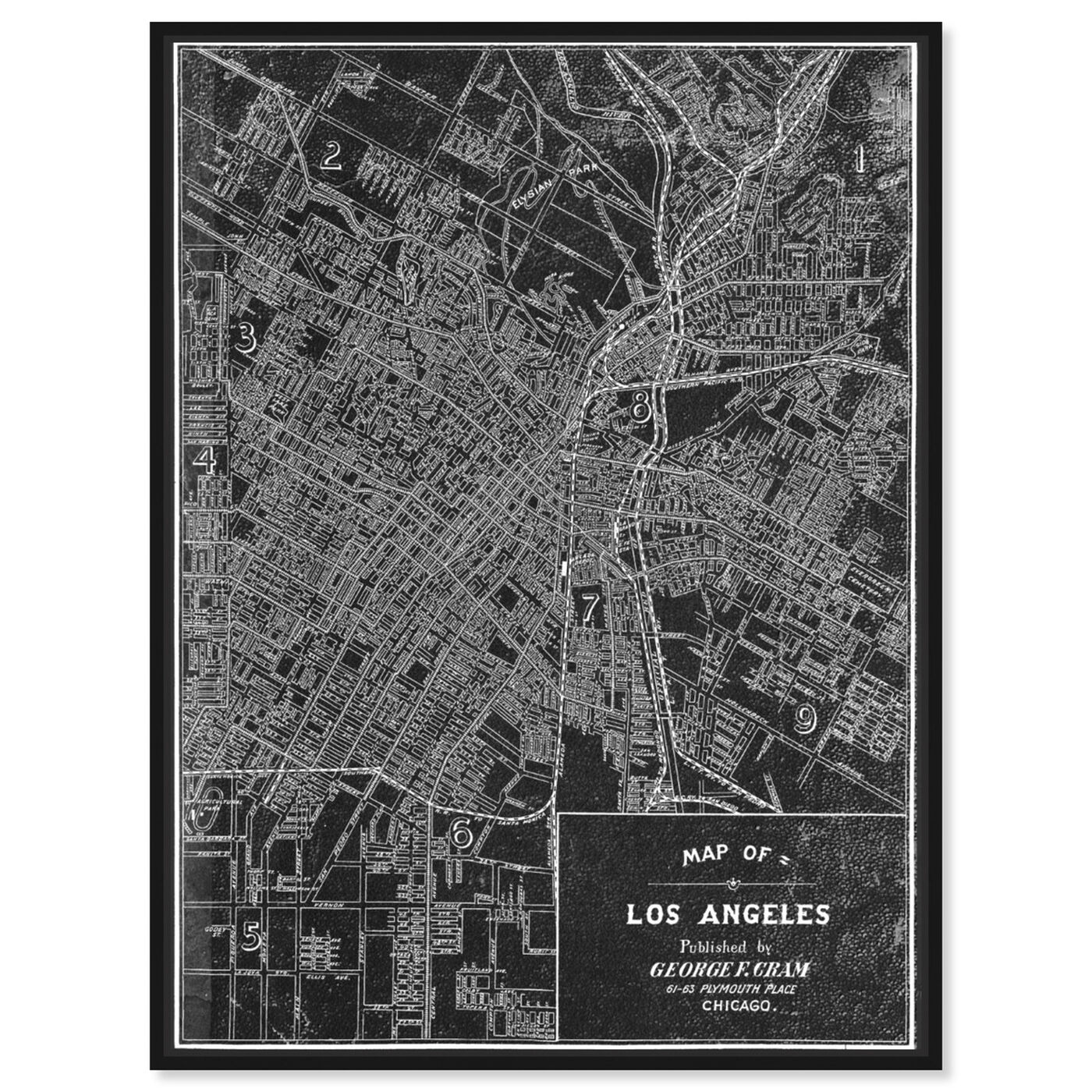 Front view of Los Angeles Map 1899 Grey featuring maps and flags and us cities maps art.