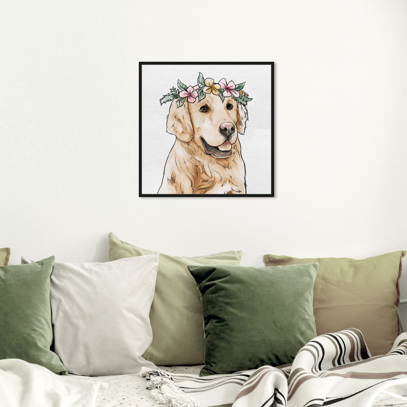 Hanging view of Floral Crowned Golden Retriever featuring animals and dogs and puppies art.