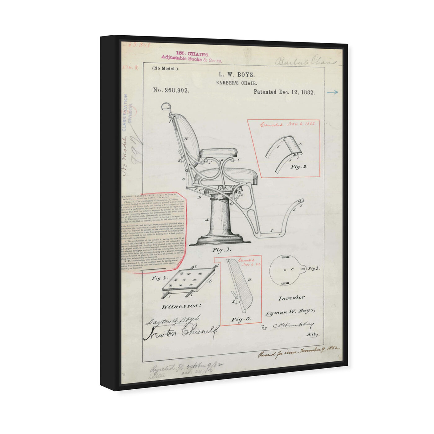 Angled view of Barber Chair Patent 1882 featuring bath and laundry and barber art.