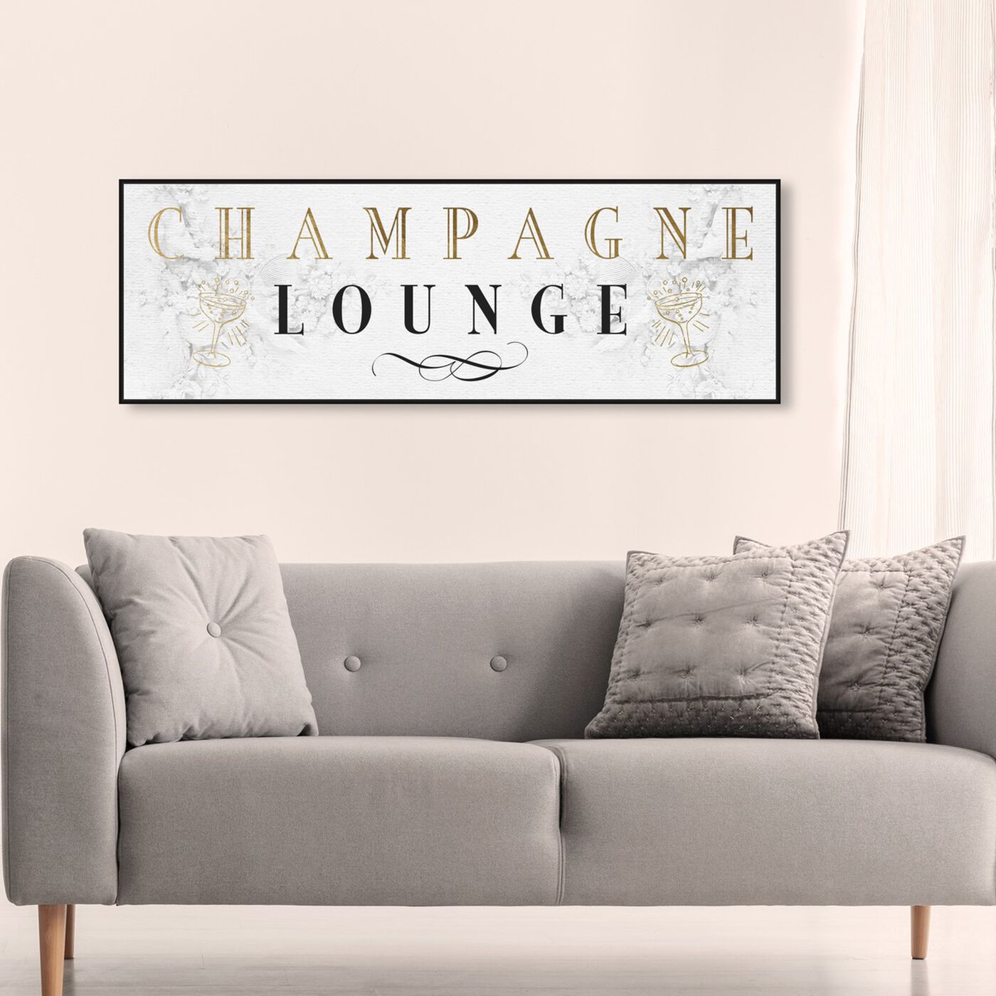 Hanging view of Champagne Lounge featuring advertising and posters art.