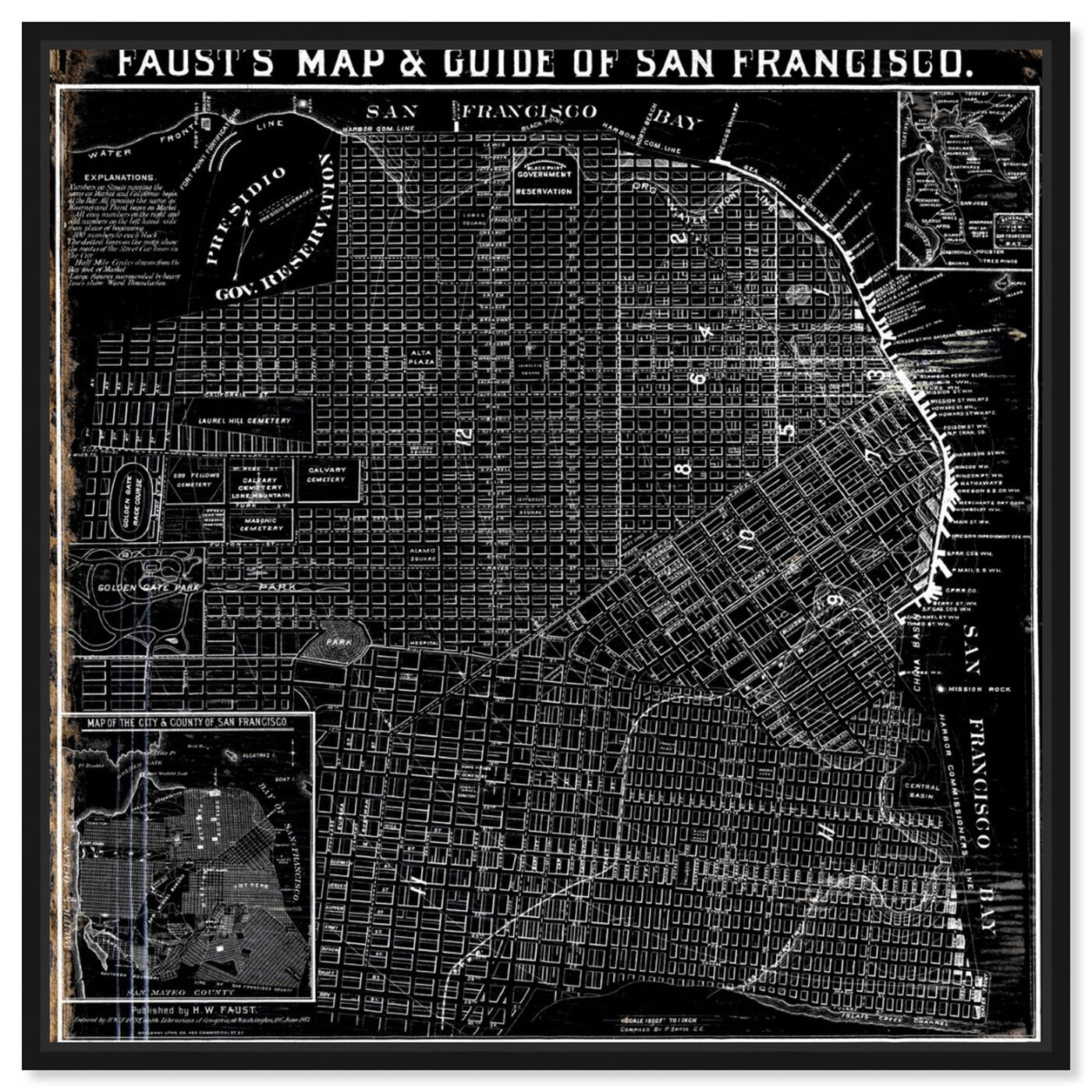 Front view of Faust's Map of San Francisco 1882 featuring maps and flags and us cities maps art.