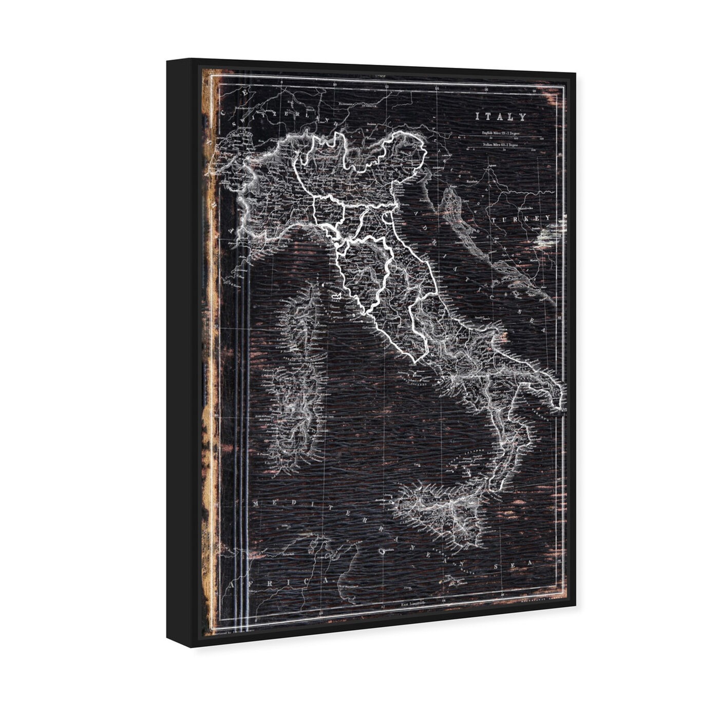 Angled view of Map of Italy 1873 featuring maps and flags and european countries maps art.