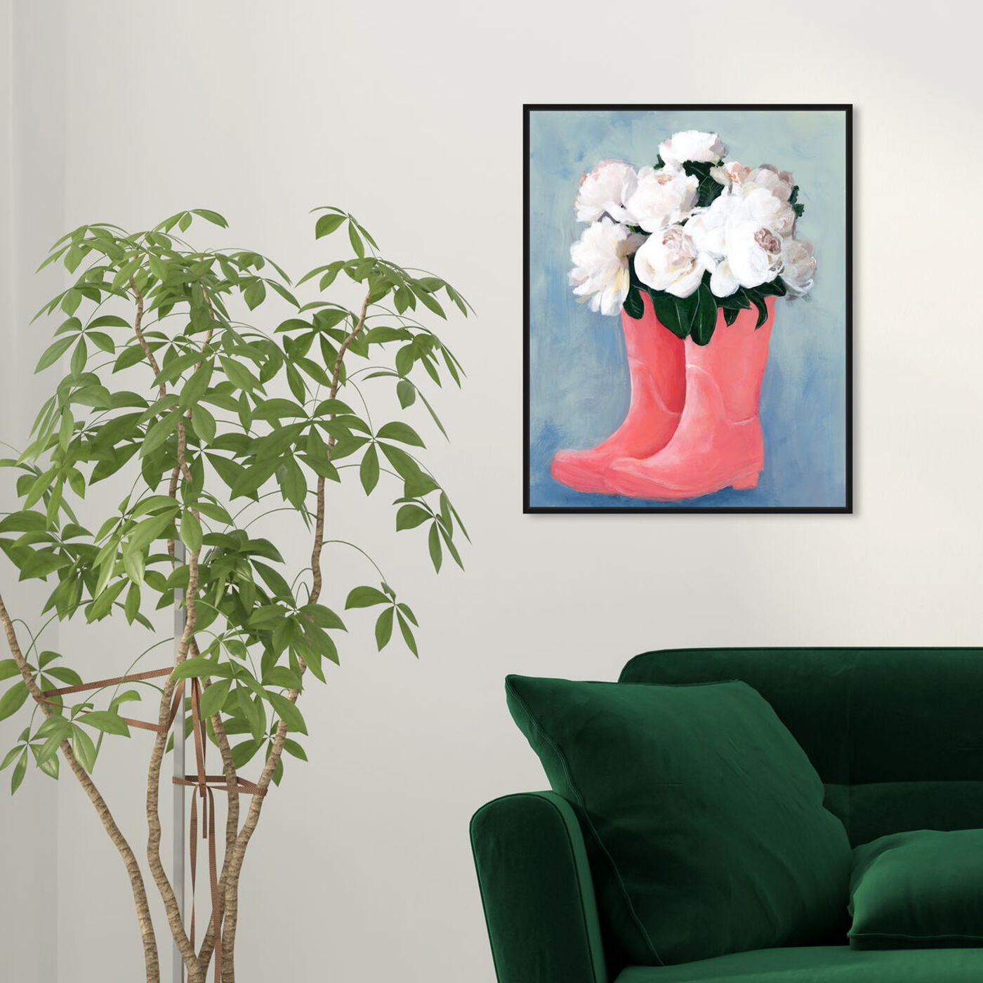 Hanging view of Peonies and Rainboots featuring floral and botanical and florals art.