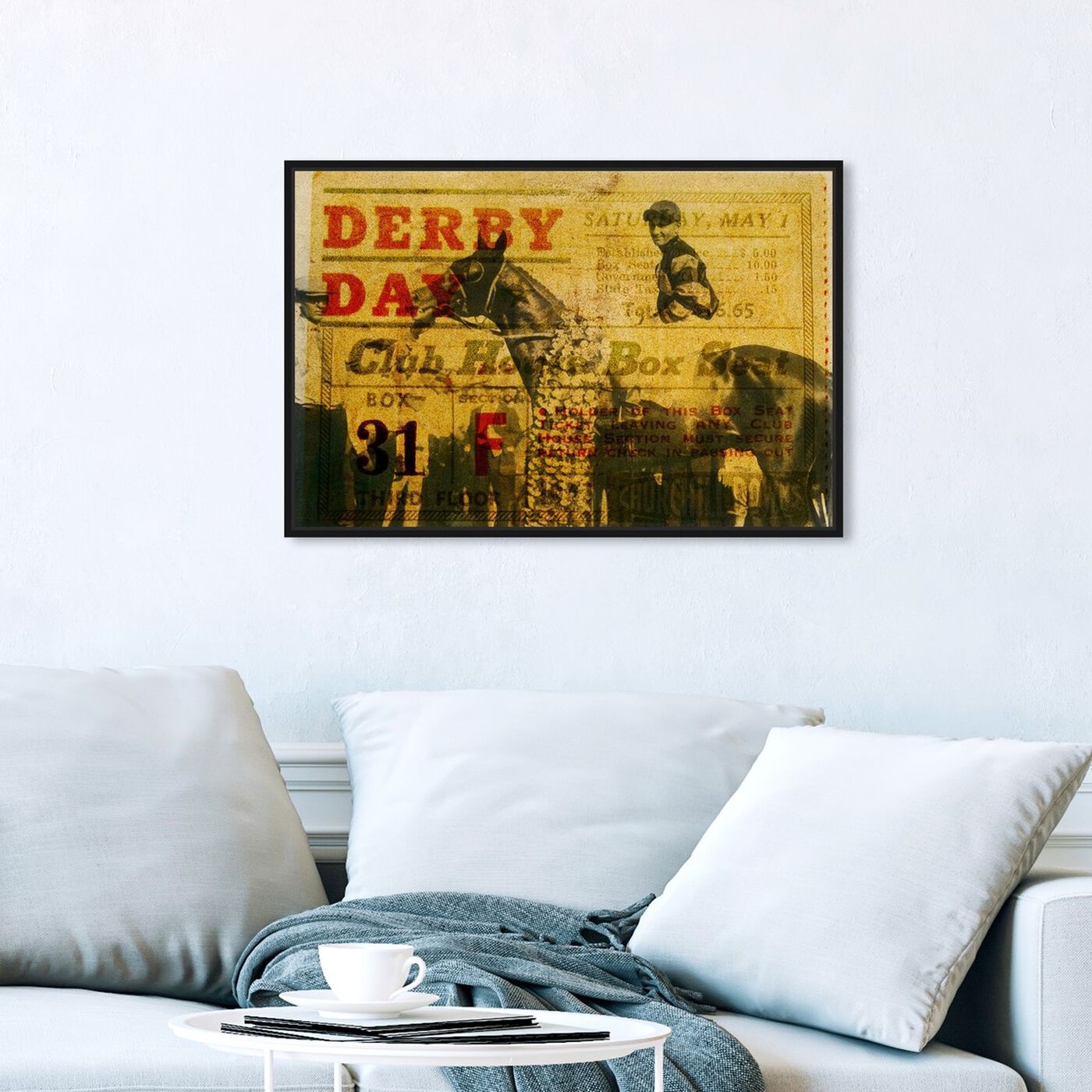 Hanging view of Derby Day 1943 featuring advertising and posters art.