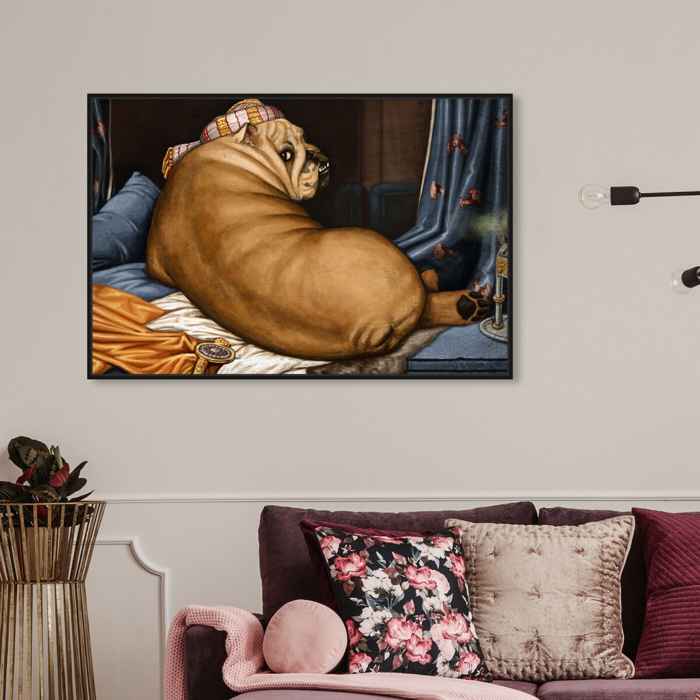 Hanging view of Grande Bulldog-alisque By Carson Kressley featuring classic and figurative and classic art.
