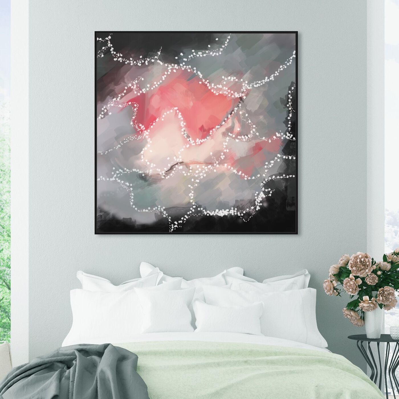 Hanging view of At First Sight featuring abstract and watercolor art.