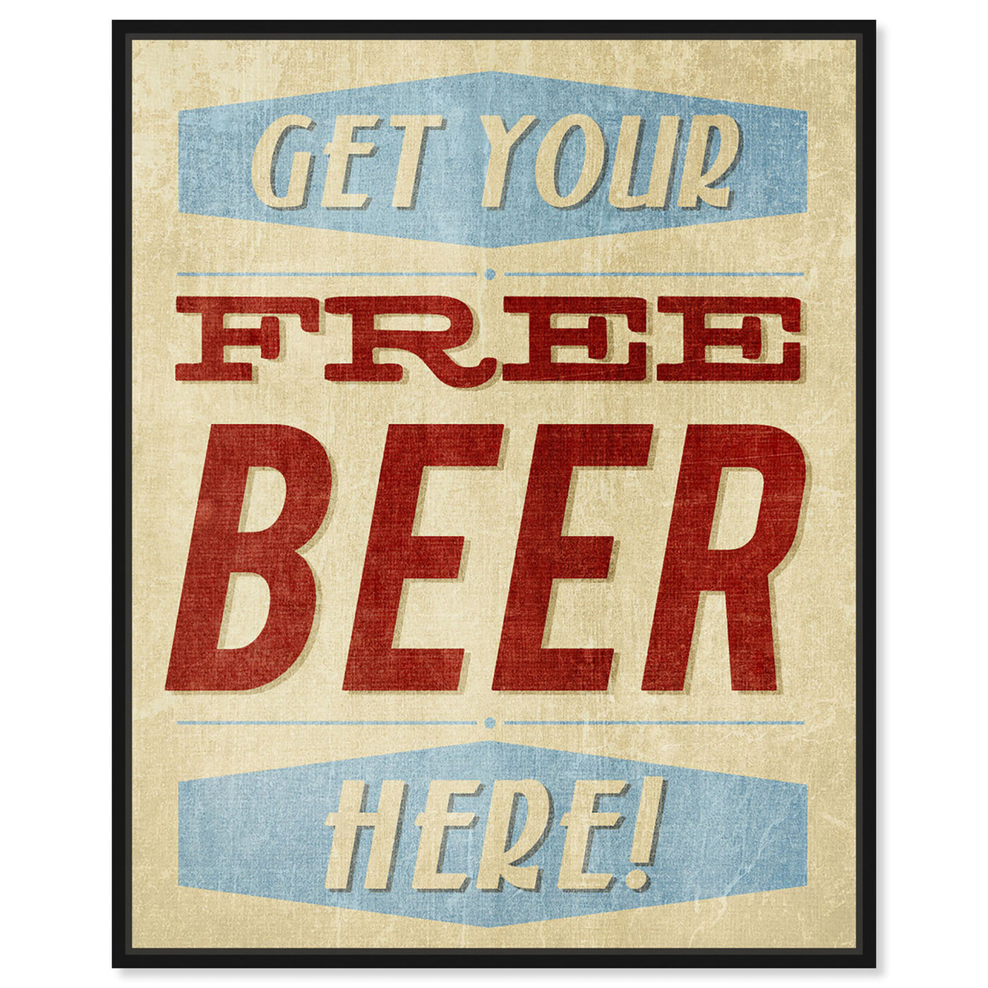 Front view of Free Beer Here featuring advertising and promotional brands art.