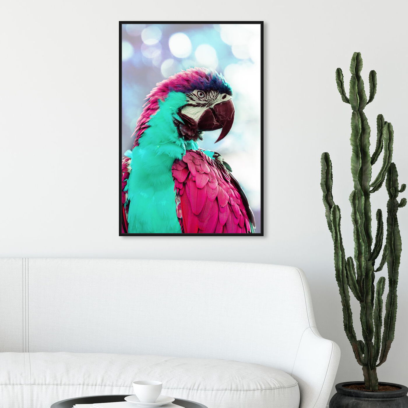 Hanging view of Pink Turquoise Macaw featuring animals and birds art.