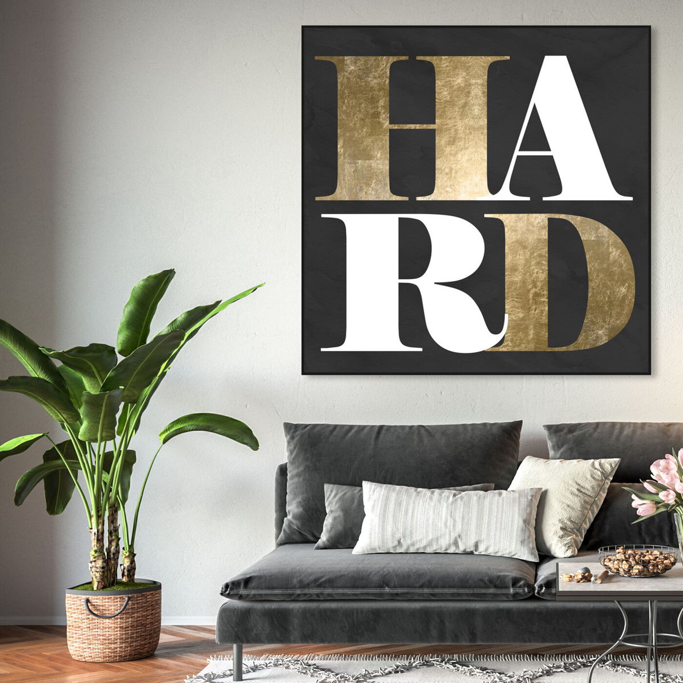 Hanging view of Hard Play featuring typography and quotes and quotes and sayings art.