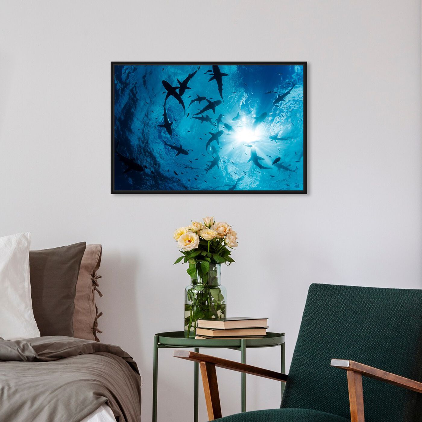 Hanging view of Gray Reef Shark Group by David Fleetham featuring animals and sea animals art.