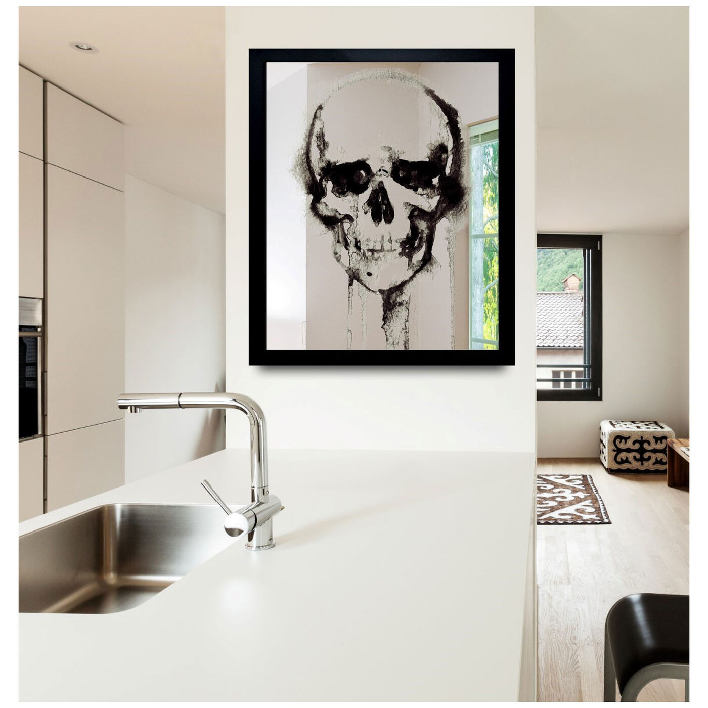 Hanging view of Watercolor Skull featuring symbols and objects and skull art.