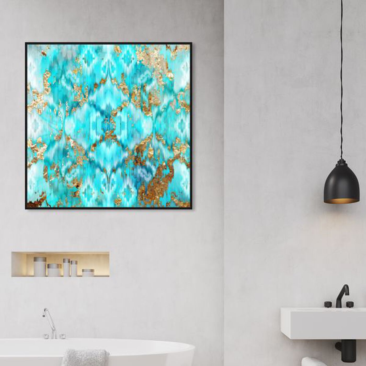 Hanging view of Mermaid Scales featuring abstract and geometric art.