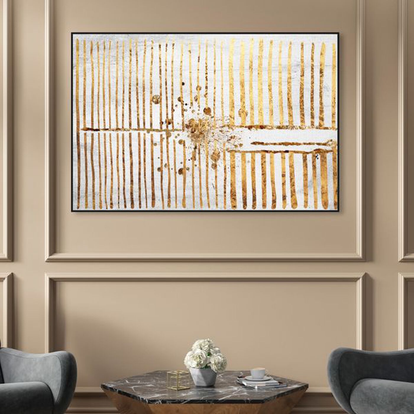 Hanging view of Love Force Field Gold featuring abstract and patterns art.